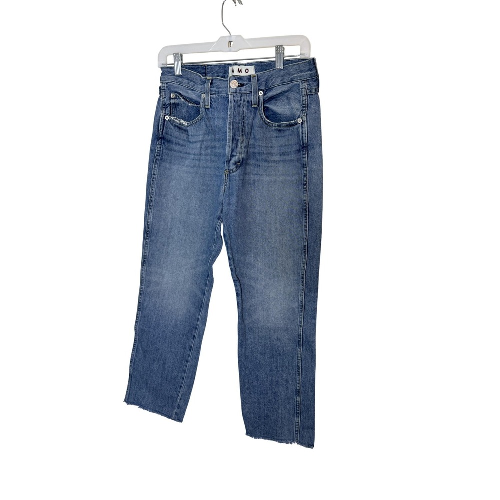 AMO Loverboy Jeans Womens 27 Blue High Rise Straight Crop Raw Hem USA Denim